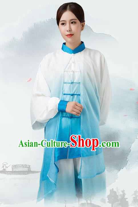 Traditional Chinese Martial Arts Blue Silk Costume Tai Ji Kung Fu Competition Clothing for Women