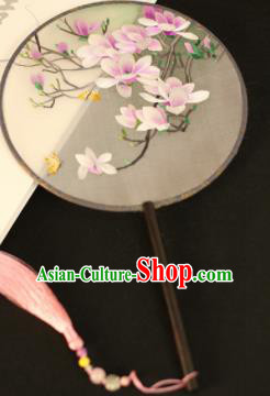 Chinese Traditional Embroidered Pink Magnolia Round Fans Classical Hanfu Palace Fans for Women