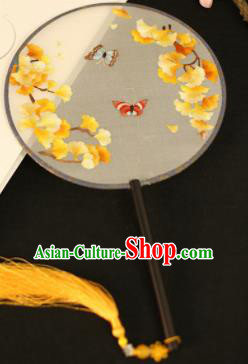 Chinese Traditional Embroidered Ginkgo Leaf Round Fans Classical Hanfu Palace Fans for Women