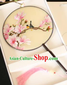 Chinese Traditional Embroidered Red Magnolia Round Fans Classical Hanfu Palace Fans for Women