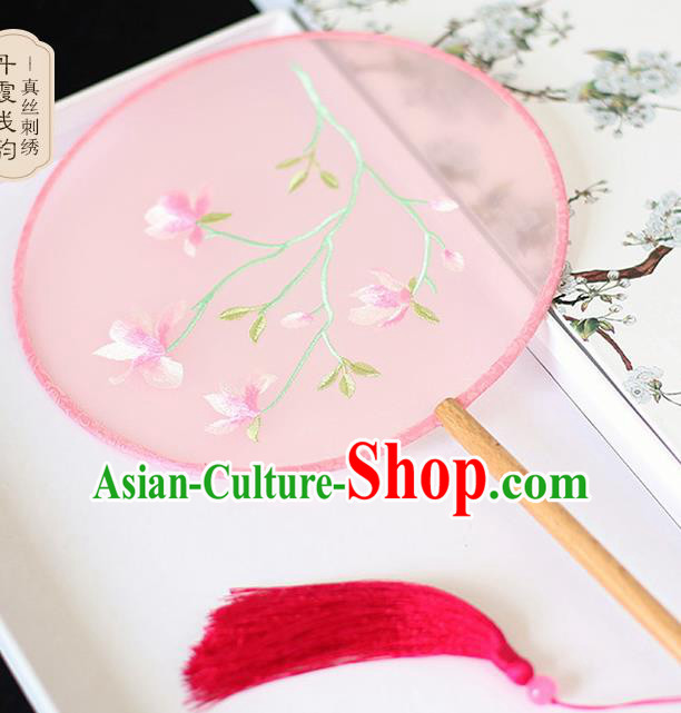 Chinese Traditional Embroidered Yulan Magnolia Pink Round Fans Classical Hanfu Palace Fans for Women