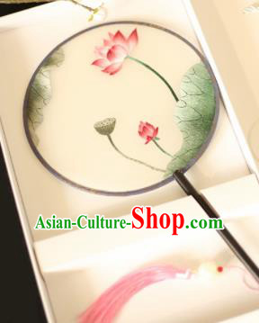 Chinese Traditional Embroidered Lotus Round Fans Classical Hanfu Palace Fans for Women