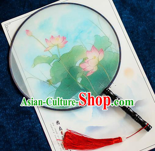 Chinese Traditional Printing Lotus Silk Round Fans Handmade Classical Palace Fans for Women