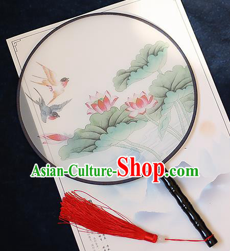 Chinese Traditional Printing Swallow Lotus Silk Round Fans Handmade Classical Palace Fans for Women