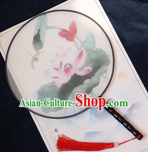 Chinese Traditional Printing Dragonfly Lotus Silk Round Fans Handmade Classical Palace Fans for Women