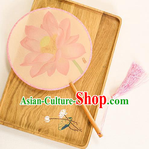 Chinese Traditional Printing Pink Lotus Dance Silk Round Fans Handmade Classical Palace Fans for Women