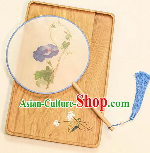 Chinese Traditional Printing Blue Petunia Dance Silk Round Fans Handmade Classical Palace Fans for Women