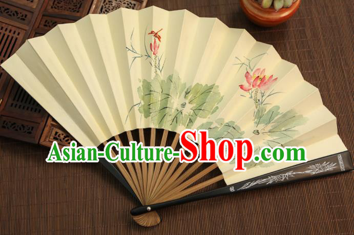 Chinese Traditional Handmade Ink Painting Lotus Paper Fans Classical Accordion Folding Fans for Women