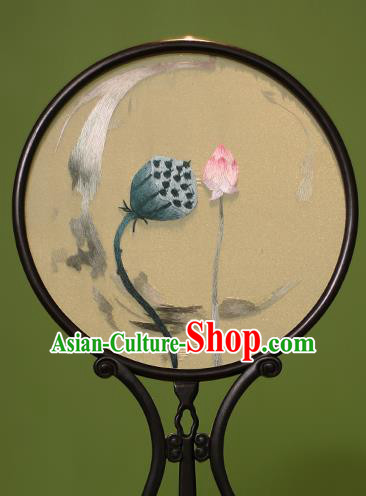 Chinese Traditional Handmade Embroidered Lotus Silk Round Fans Classical Palace Fans for Women