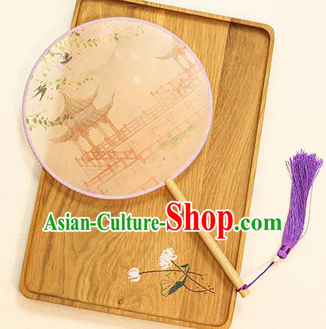 Chinese Traditional Printing Pavilion Dance Silk Round Fans Handmade Classical Palace Fans for Women
