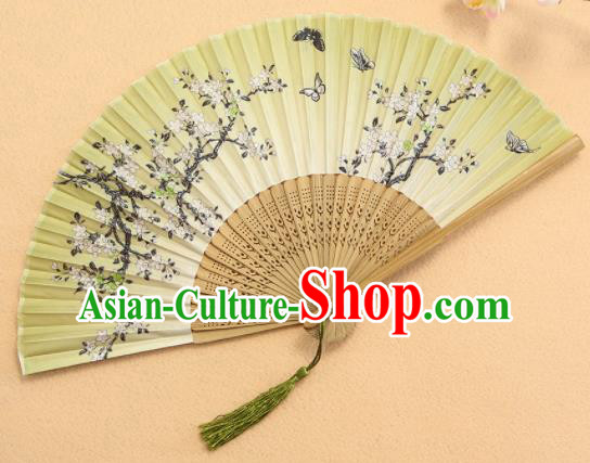 Chinese Traditional Folding Fans Classical Printing Flowers Green Accordion Silk Fans for Women