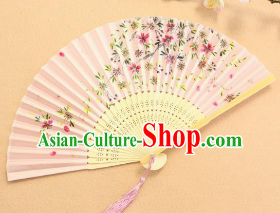 Chinese Traditional Folding Fans Classical Printing Flowers Pink Accordion Silk Fans for Women