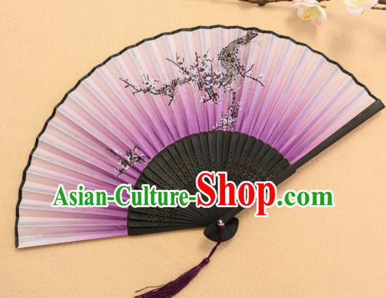 Chinese Traditional Folding Fans Classical Printing Plum Blossom Purple Accordion Silk Fans for Women