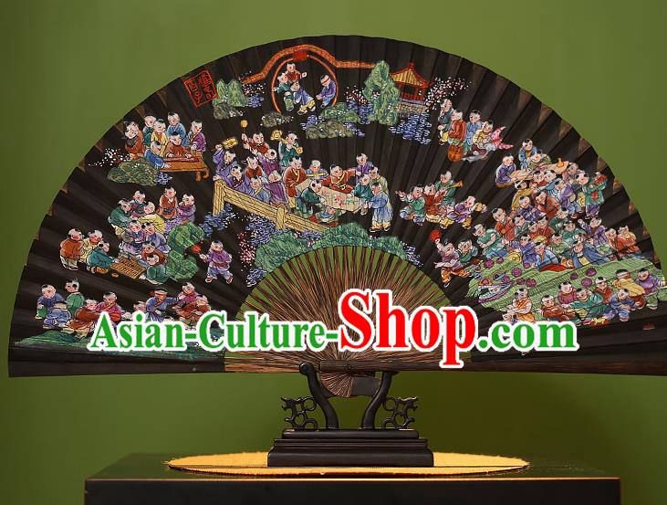 Chinese Traditional Handmade Bamboo Fans Classical Printing Hundred Children Folding Fans for Men