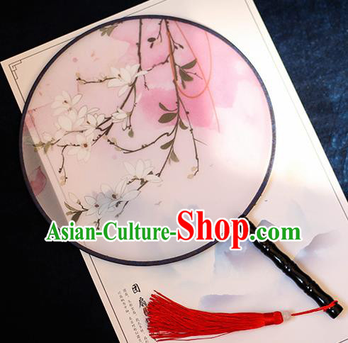 Chinese Traditional Printing Flowers Silk Round Fans Handmade Classical Palace Fans for Women