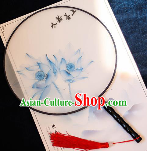 Chinese Traditional Printing Blue Lotus Silk Round Fans Handmade Classical Palace Fans for Women