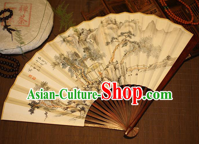 Chinese Traditional Handmade Printing Stone Pine Xuan Paper Fans Classical Rosewood Folding Fans for Men