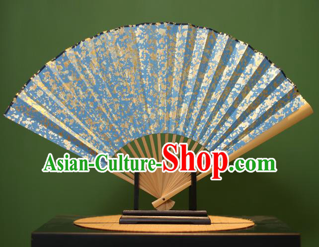 Chinese Traditional Handmade Sequins Blue Xuan Paper Fans Classical Folding Fans for Men