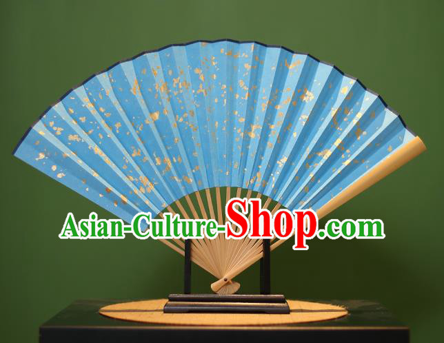 Chinese Traditional Handmade Xuan Paper Fans Classical Blue Folding Fans for Men