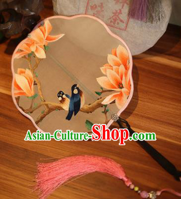 Handmade Chinese Traditional Embroidered Magnolia Silk Fans Classical Palace Fans for Women