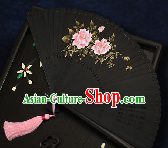 Chinese Handmade Printing Peony Bamboo Fans Classical Accordion Traditional Folding Fans for Women