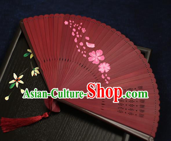 Chinese Handmade Printing Flowers Bamboo Red Fans Classical Accordion Traditional Folding Fans for Women