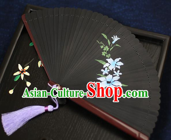 Chinese Handmade Printing Blue Flowers Bamboo Fans Classical Accordion Traditional Folding Fans for Women