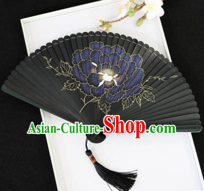 Chinese Handmade Printing Peony Black Bamboo Fans Classical Accordion Traditional Folding Fans for Women