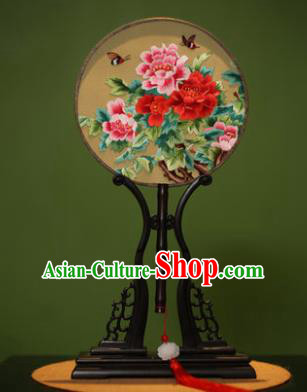 Handmade Chinese Traditional Double Side Silk Round Fan Classical Embroidered Peony Palace Fans for Women