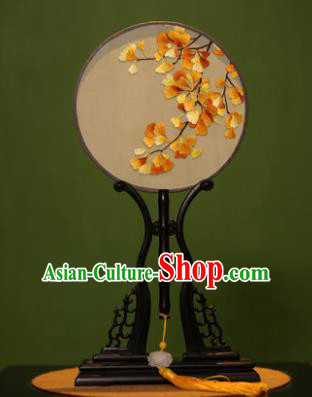 Handmade Chinese Traditional Double Side Silk Round Fan Classical Embroidered Ginkgo Leaf Palace Fans for Women