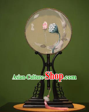 Handmade Chinese Traditional Double Side Silk Round Fan Classical Embroidered Lotus Palace Fans for Women