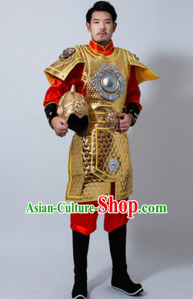 Chinese Ancient Drama Costume Han Dynasty General Golden Helmet and Armour Complete Set for Men