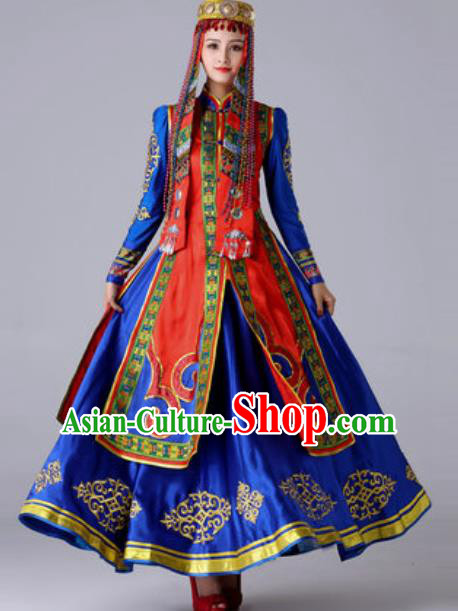 Chinese Traditional Ethnic Princess Costume Mongolian Nationality Folk Dance Blue Dress for Women