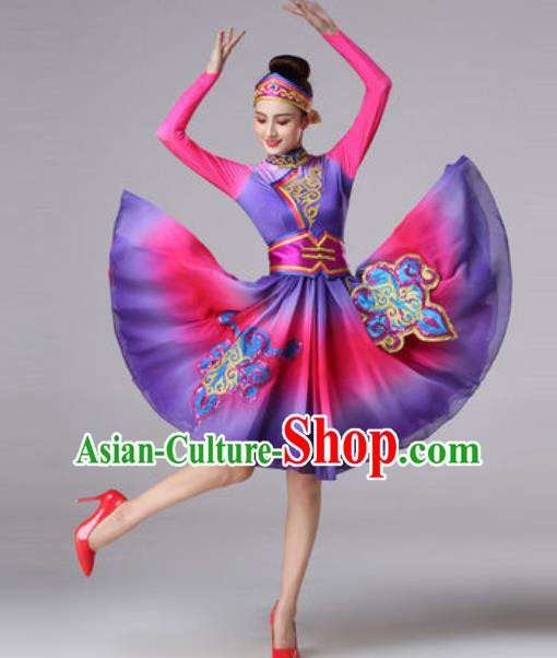 Chinese Traditional Ethnic Princess Costume Mongolian Nationality Folk Dance Purple Short Dress for Women