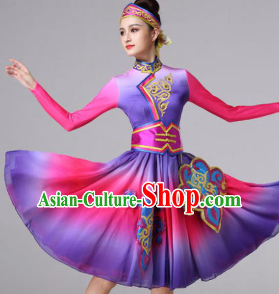 Chinese Traditional Ethnic Princess Costume Mongolian Nationality Folk Dance Purple Short Dress for Women