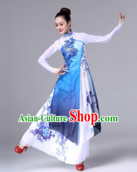 Chinese Traditional Umbrella Dance Costume Classical Dance Stage Performance Blue Dress for Women