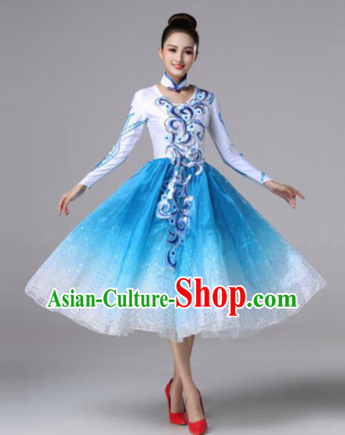 Top Grade Modern Dance Costume Traditional Spring Festival Gala Stage Performance Blue Bubble Dress for Women
