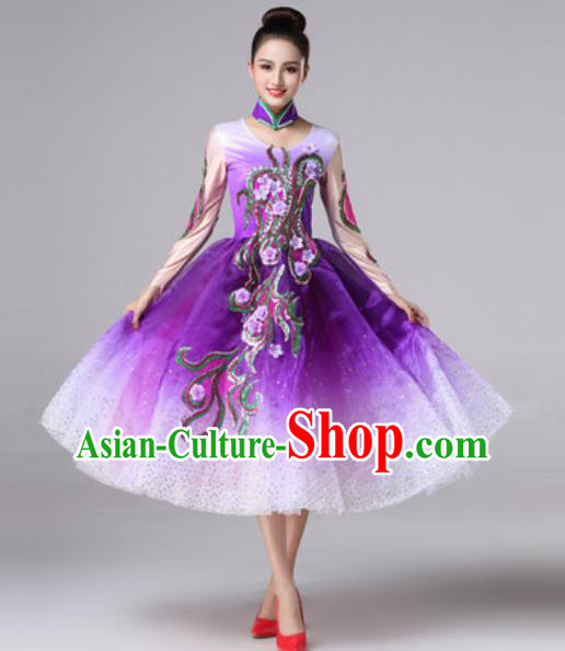 Top Grade Modern Dance Costume Traditional Spring Festival Gala Stage Performance Purple Bubble Dress for Women