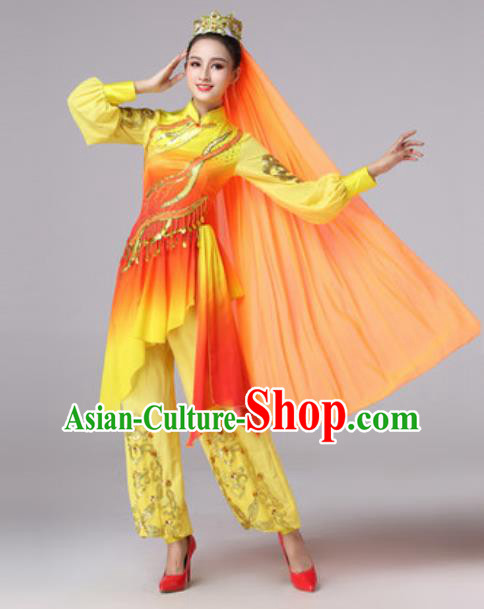 Chinese Traditional Ethnic Princess Costume Uyghur Nationality Folk Dance Yellow Clothing for Women