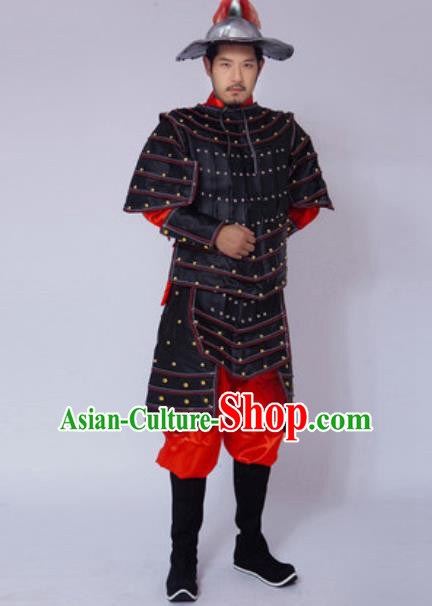 Chinese Ancient Drama Costume Yuan Dynasty General Black Helmet and Armour Complete Set for Men