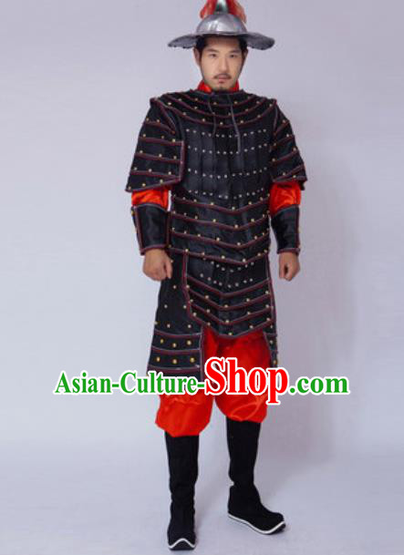 Chinese Ancient Drama Costume Yuan Dynasty General Black Helmet and Armour Complete Set for Men