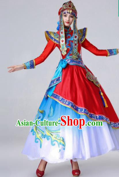 Chinese Traditional Ethnic Costume Mongolian Nationality Princess Folk Dance Red Dress for Women