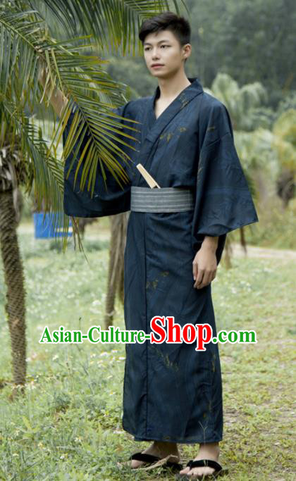 Japanese Traditional Handmade Printing Navy Kimono Robe Asian Japan Yukata Costume for Men