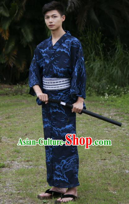 Japanese Traditional Handmade Navy Kimono Robe Asian Japan Warrior Yukata Costume for Men