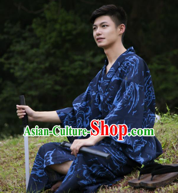 Japanese Traditional Handmade Navy Kimono Robe Asian Japan Warrior Yukata Costume for Men