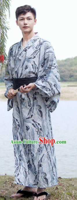 Japanese Traditional Samurai Grey Kimono Robe Asian Japan Handmade Warrior Yukata Costume for Men