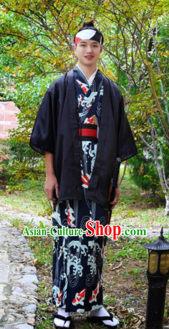 Japanese Traditional Samurai Black Haori Kimono Asian Japan Handmade Warrior Yukata Costume for Men