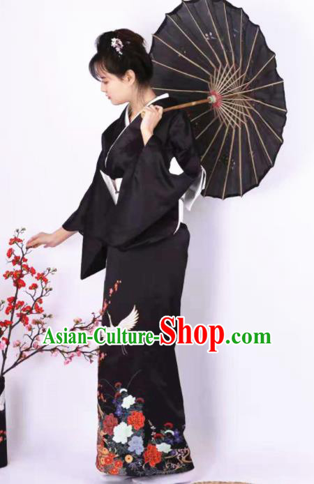 Japanese Traditional Handmade Printing Crane Black Kimono Dress Asian Japan Geisha Yukata Costume for Women