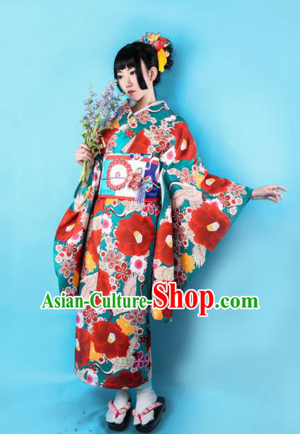 Japanese Traditional Handmade Printing Peony Furisode Kimono Dress Asian Japan Geisha Red Yukata Costume for Women