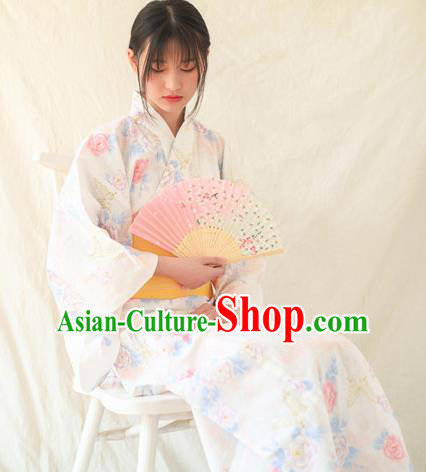 Japanese Traditional Handmade Printing Roses Furisode Kimono White Dress Asian Japan Geisha Yukata Costume for Women